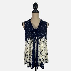 Ember Blue Cream Floral Sleeveless Blouse Medium| Boho Tie Neck Top